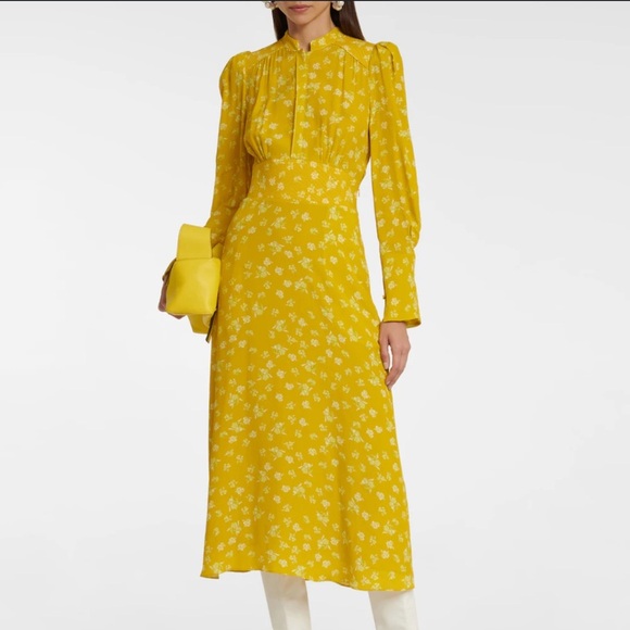 Dorothee Schumacher- NWT Yellow Longsleeve Eccentric Floral Silk Midi Dress - Picture 1 of 7